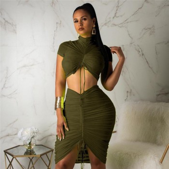 Turtle Neck Neon Pleated Crop Top Skirt Sets Women Party Casual 2 Piece Set Short Sleeve Tee & Tube Skirt Matching Sets Female
